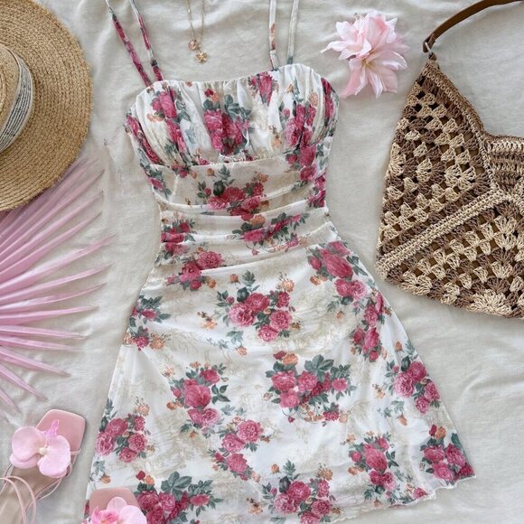 Apricot Boho Women's Floral Print Vacation Flowy Slip Dress - Picture 4 of 6